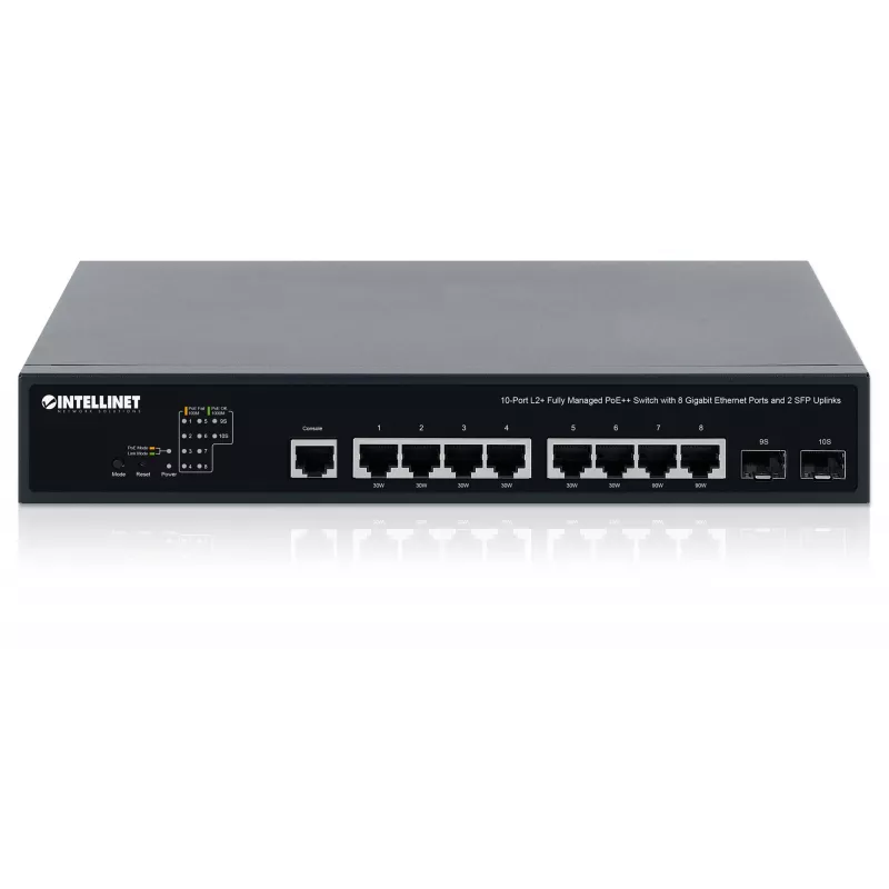 Intellinet 10 prievadų L2+ pilnai valdomas PoE++ jungiklis su 8 Gigabit eterneto prievadais ir 2 SFP jungtimis