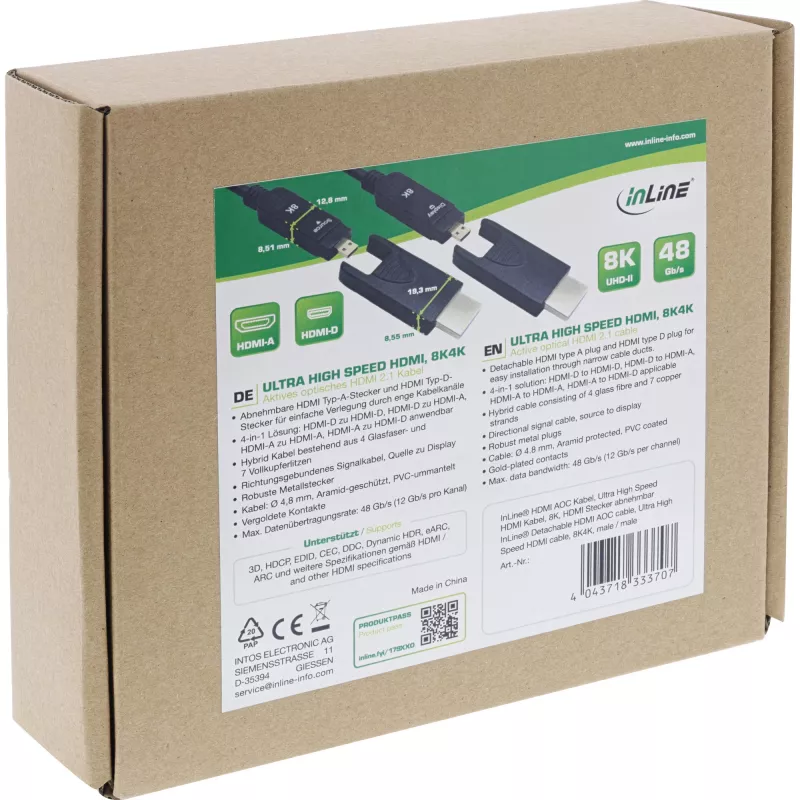 InLine HDMI AOC laidas, Ultra High Speed HDMI, 8K4K, nuimamas kištukas, 10m