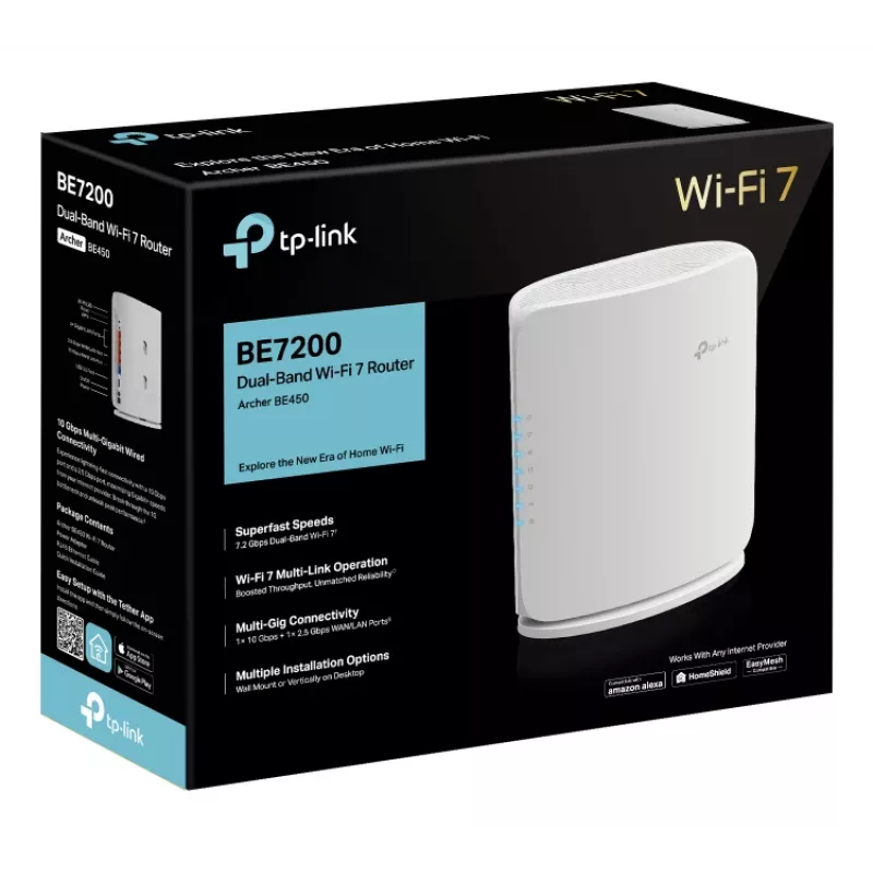 Belaidis maršrutizatorius TP-Link Archer BE450 — Dviejų juostų (2,4/5 GHz), Wi-Fi 7, Multi-Gigabit Ethernet, 5x LAN, USB, baltas