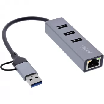 InLine 33380S USB 3.2 Gen 1 (3.1 Gen 1) Type-A + Type-C 4-in-1 Gigabit Ethernet stotelė, pilka