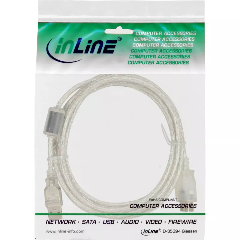 InLine USB 2.0 prailginimo laidas Type A M/F, permatomas, su feritu, 5 m