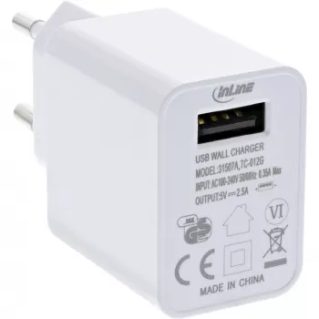 InLine USB maitinimo adapteris Single, 100-240V į 5V/2,5A, baltas
