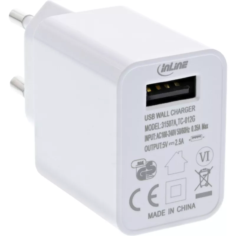 InLine USB maitinimo adapteris Single, 100-240V į 5V/2,5A, baltas
