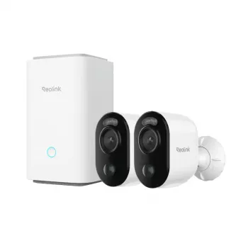 Reolink Hub 1 bazinis blokas su 2× Argus Series B310 belaidėmis 3MP kameromis, baltos spalvos, vidaus naudojimui