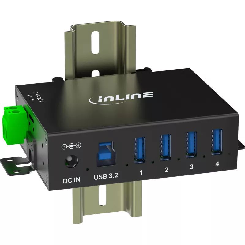 InLine 35396A USB 3.2 Gen 1 pramoninis šakotuvas, 4x USB-A, USB-B kompiuterio prievadas, 5 Gbit/s, aliumininis korpusas, juodas, su maitinimo blokeliu