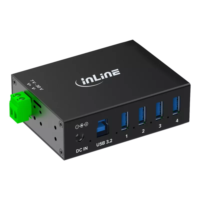 InLine 35396A USB 3.2 Gen 1 pramoninis šakotuvas, 4x USB-A, USB-B kompiuterio prievadas, 5 Gbit/s, aliumininis korpusas, juodas, su maitinimo blokeliu