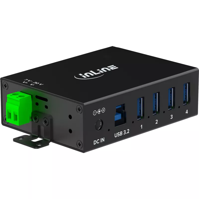 InLine 35396A USB 3.2 Gen 1 pramoninis šakotuvas, 4x USB-A, USB-B kompiuterio prievadas, 5 Gbit/s, aliumininis korpusas, juodas, su maitinimo blokeliu