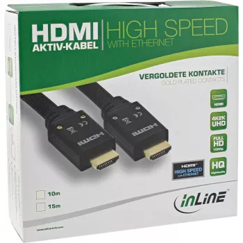 InLine HDMI Active kabelis, HDMI-High Speed su Ethernet, M/M, nailono pynė, 15 m