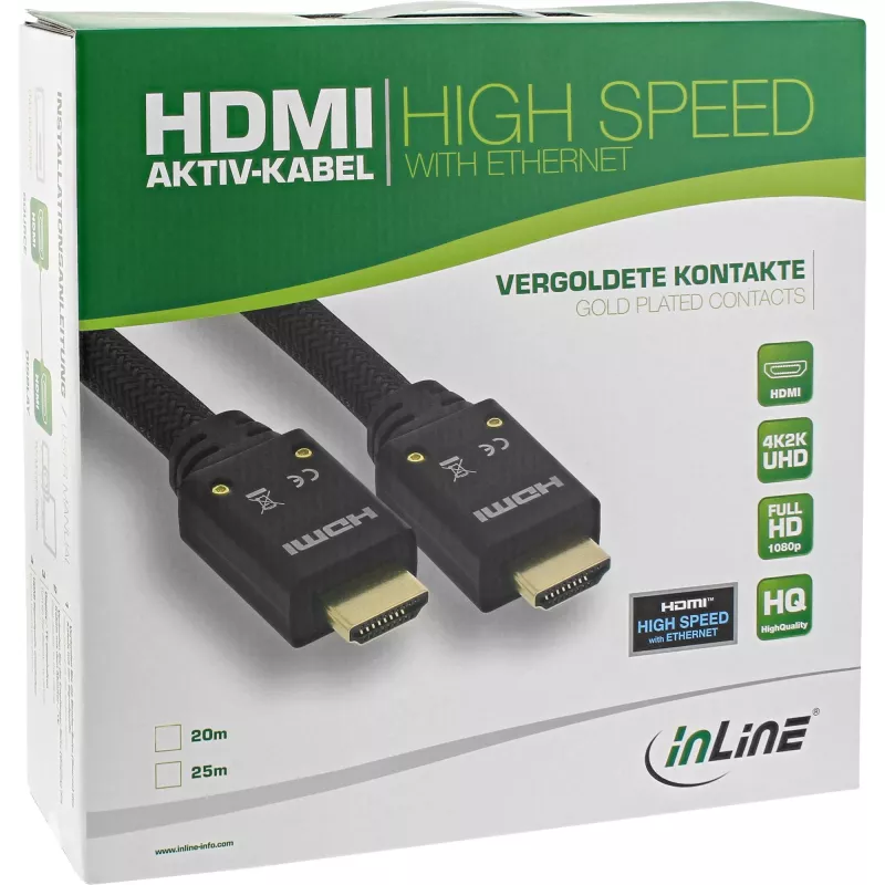 InLine HDMI Active kabelis, HDMI-High Speed su Ethernet, M/M, nailono pynė, 25m