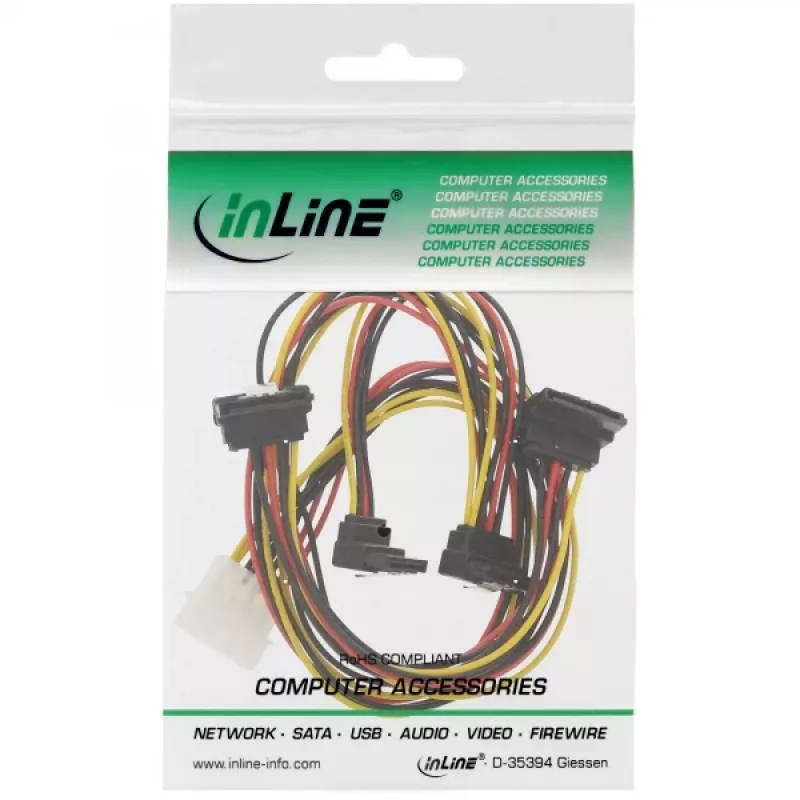 InLine vidinis maitinimo Y laidas 1x Molex / 4x SATA kampuoti su fiksatoriais 0,40+0,55 m