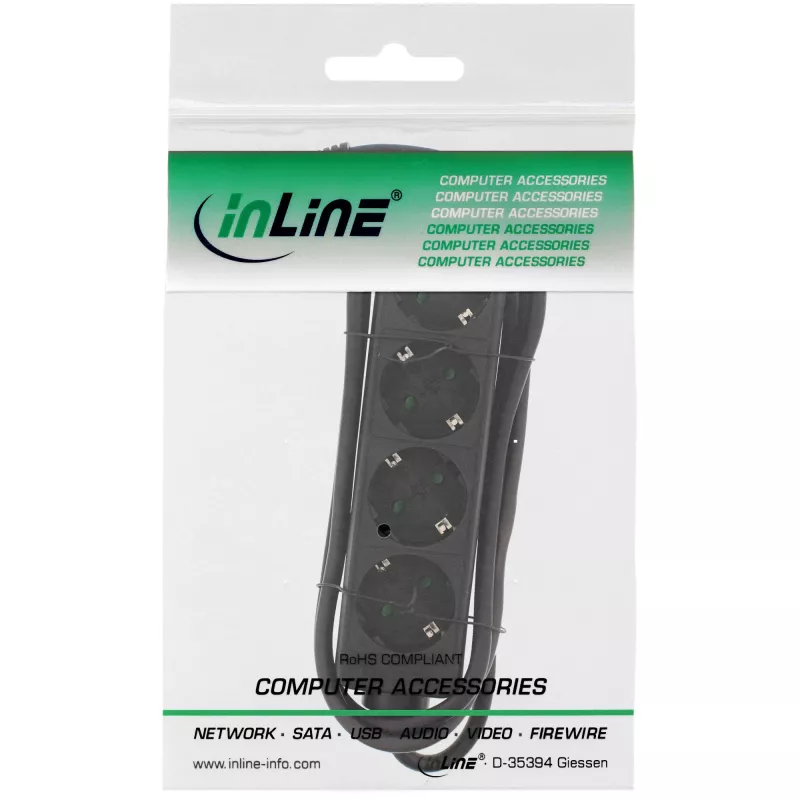 InLine ilgintuvas, 4 lizdai su įžeminimu CEE 7/3, juodas, 5 m