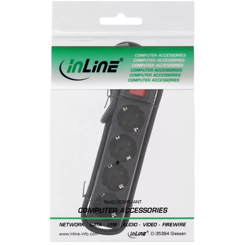 InLine 4-ių lizdų ilgintuvas su jungikliu, juodas, 3 m