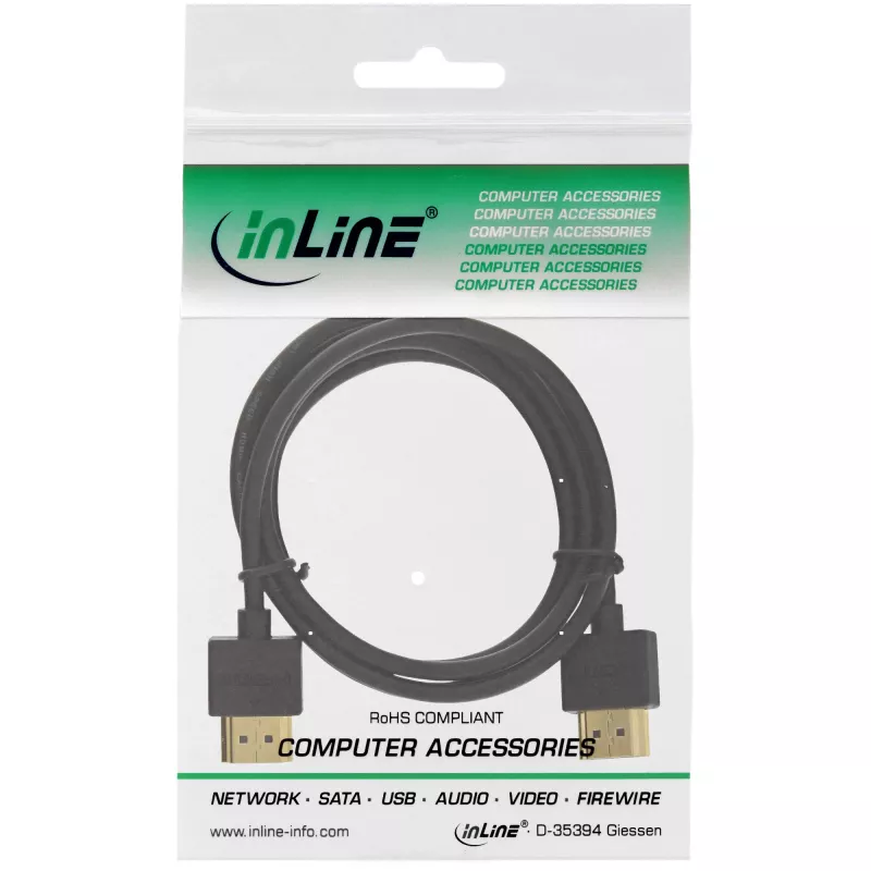 InLine High Speed HDMI laidas su Ethernet, AM/AM, itin plonas, juodas/auksinis, 1,5 m