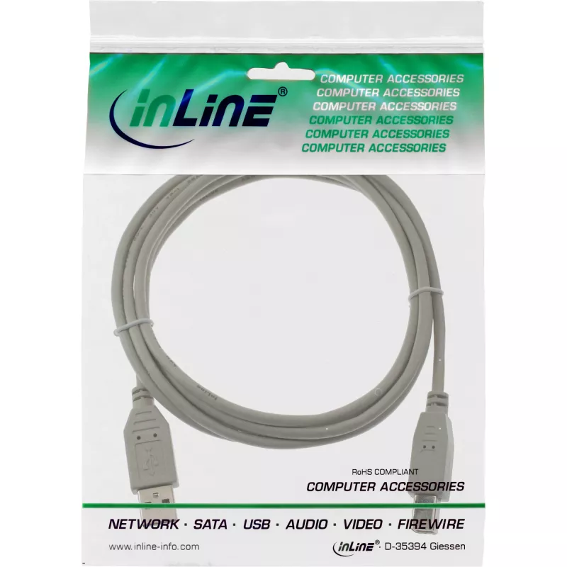 USB 2.0 laidas A tipas (vyriškas) / B tipas (vyriškas) 5 m smėlio spalvos InLine 34555H
