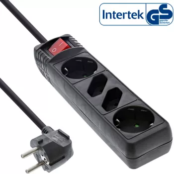 InLine 16445S kištukinis lizdas, 4 jungtys, 2x CEE7/3 + 2x Euro CEE 7/16, juodas, 5 m