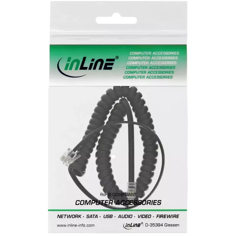 InLine spiralinis ragelio laidas, RJ10 4P4C vyras/vyras, juodas, maks. 2 m