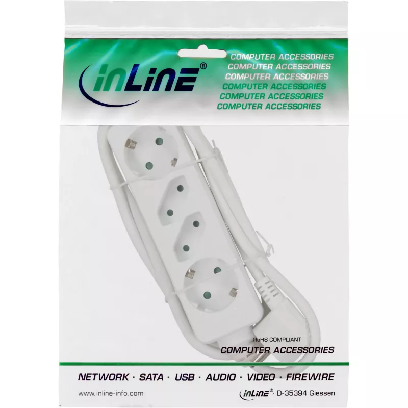 InLine 4-ių lizdų ilgintuvas, 2x CEE7/3 + 2x Euro CEE7/16, baltas, 1,5 m