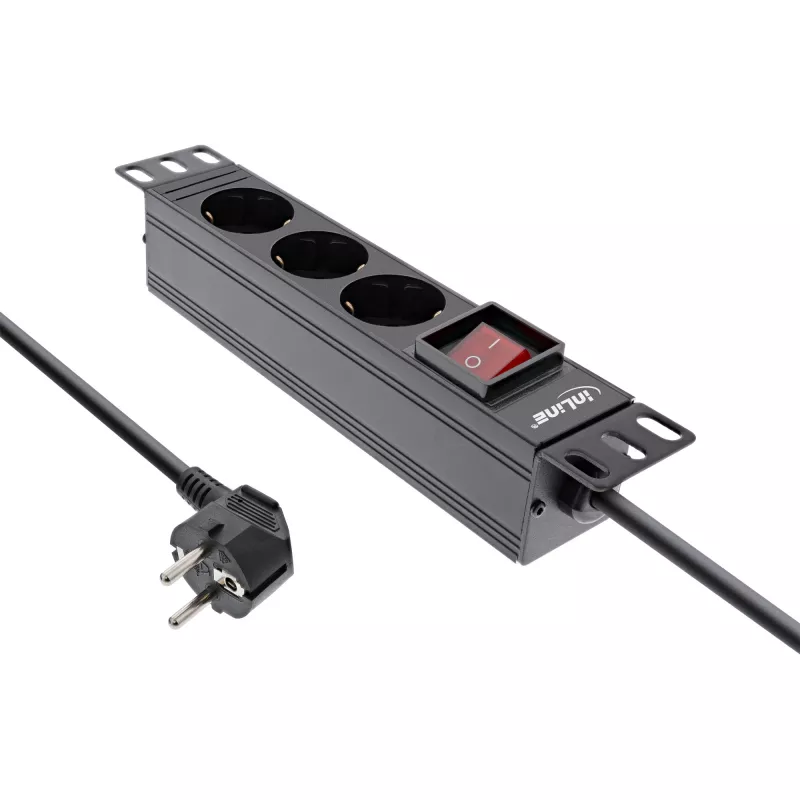 InLine 10 colių PDU, 3 įžeminti lizdai su jungikliu, 2 m, juoda
