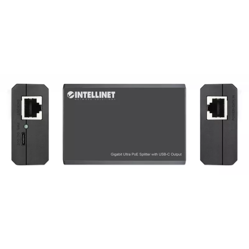 Intellinet PoE skirstytuvas su USB-C išvestimi, PoE++ / 4PPoE, Gigabit Ultra, IEEE 802.3bt, RJ45 įėjimo ir išėjimo prievadai, iki 45 W USB-C išvesties prievadas