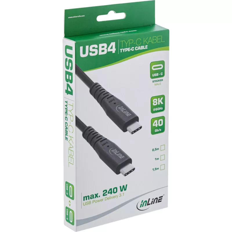 USB4 laidas InLine USB-C vyriškas į USB-C vyrišką, USB4 Gen 3x2, 40 Gbit/s, PD 240W, 8K@60Hz, TPE, 2 m