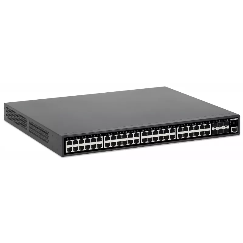 Intellinet 48 prievadų Gigabit Ethernet PoE+ valdomas jungiklis su šešiais 10G SFP+ jungtimis, 450 W PoE biudžetas, L2+/L3 Lite
