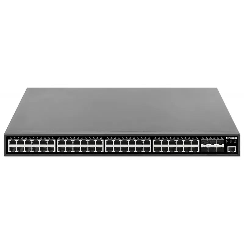 Intellinet 48 prievadų Gigabit Ethernet PoE+ valdomas jungiklis su šešiais 10G SFP+ jungtimis, 450 W PoE biudžetas, L2+/L3 Lite