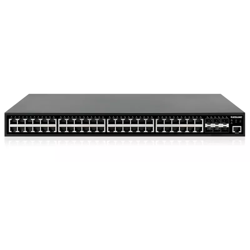 Intellinet 48 prievadų Gigabit Ethernet PoE+ valdomas jungiklis su šešiais 10G SFP+ jungtimis, 450 W PoE biudžetas, L2+/L3 Lite