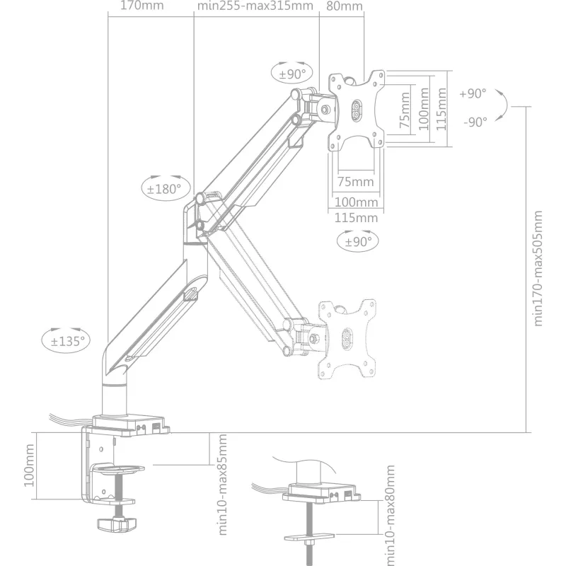 InLine stalinis laikiklis su kėlimu ir USB / garso išvestimi iki 82 cm, 32 colių, 9 kg