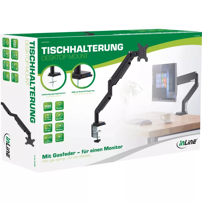 InLine stalinis laikiklis su kėlimu ir USB / garso išvestimi iki 82 cm, 32 colių, 9 kg