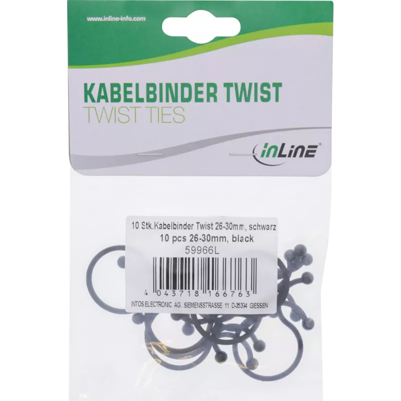 InLine Twist Ties 26–30 mm juodi, 10 vnt. – kabelių ir laidų tvarkymo raišteliai