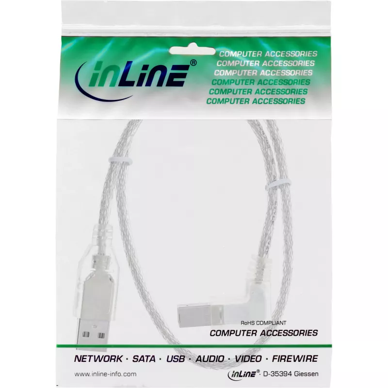 InLine USB 2.0 laidas stačiu kampu A tipo vyriškas / B tipo vyriškas skaidrus 3 m