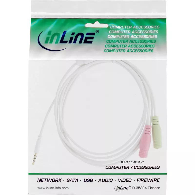 InLine 99301W adapterinis laidas ausinėms 3,5 mm kištukas (4 kontaktų) / 2x 3,5 mm lizdai, baltas, 1 m