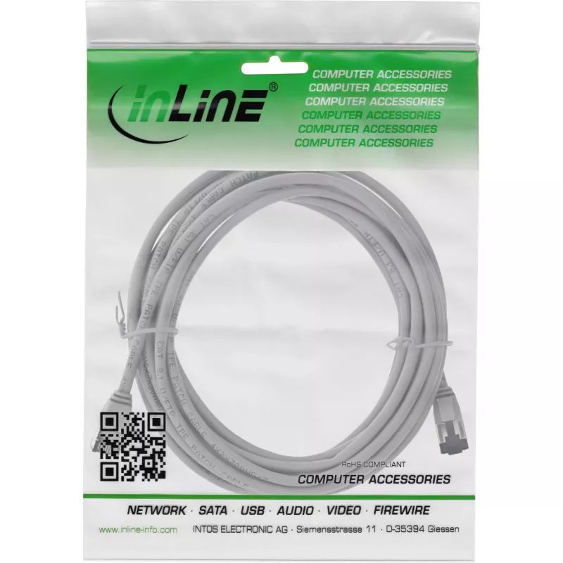 InLine Patch laidas plonas, U/FTP, Cat.8.1, TPE halogen-free, pilkas 10m
