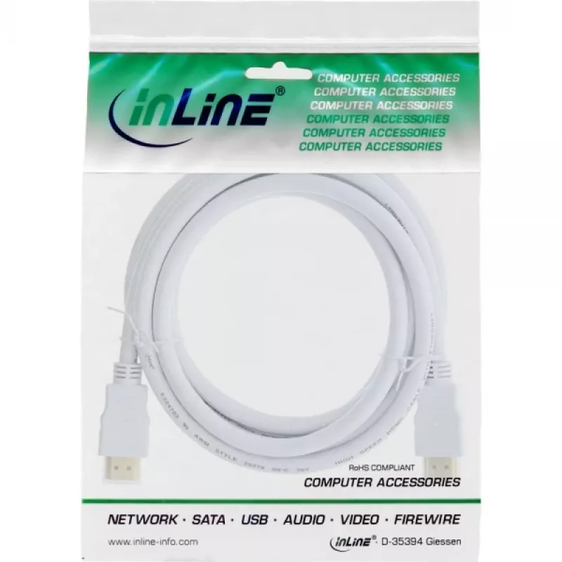 InLine High Speed HDMI kabelis su Ethernet, M/M, baltas, auksuoti kontaktai, 2m