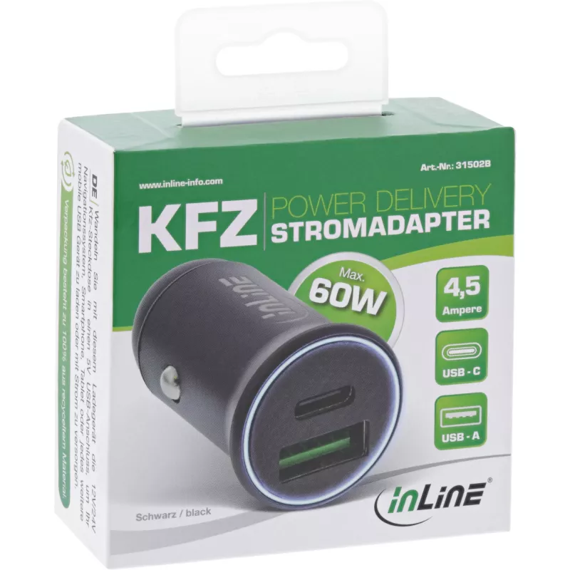 InLine USB automobilinis kroviklis su USB-A ir USB-C, juodas