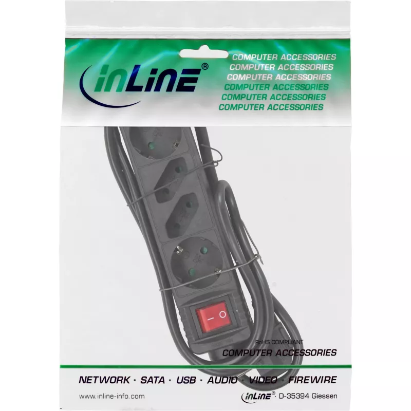 InLine 16443S 4-ių lizdų ilgintuvas, 2x Schuko + 2x Euro, juodas, 3 m