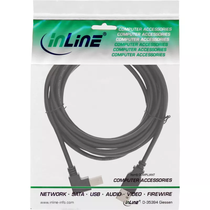 InLine USB 2.0 laidas su žemyn lenktu A tipo kištuku / B tipo kištuku, juodas, 3 m