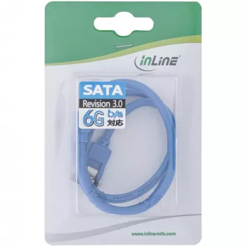 InLine SATA 6Gb/s apvalus mėlynas kabelis 90° kampu su fiksatoriais 0,3 m