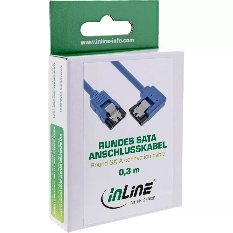 InLine SATA 6Gb/s apvalus laidas, vienas galas 90° kampu, su fiksatoriais, 0,5 m