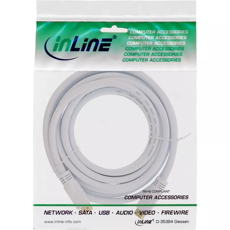 InLine High Speed HDMI laidas su Ethernet, M/M, baltas, auksuoti kontaktai, 5m