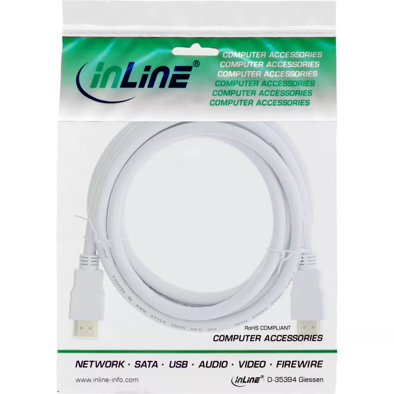 InLine HDMI 2.0b kabelis su Ethernet, 3 m, baltas, auksuoti kontaktai