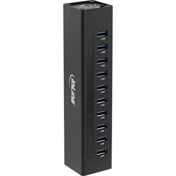 InLine USB 3.0 10 prievadų šakotuvas aliumininiame korpuse su 4A maitinimo šaltiniu, juodas