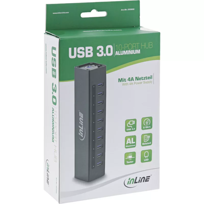 InLine USB 3.0 10 prievadų šakotuvas aliumininiame korpuse su 4A maitinimo šaltiniu, juodas