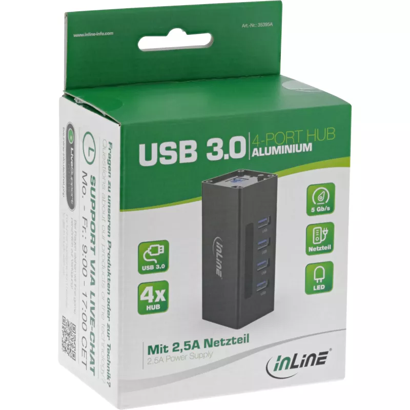 InLine USB 3.0 4 prievadų aktyvus USB šakotuvas su 2,5 A maitinimo šaltiniu, aliuminio korpusas