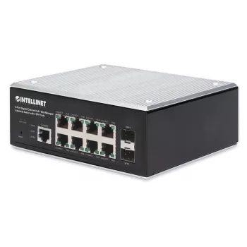 Intellinet Industrial 8 prievadų Gigabit Ethernet PoE+ valdomas jungiklis su 2 SFP prievadais, L2+