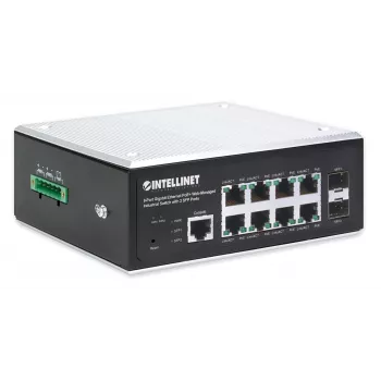 Intellinet Industrial 8 prievadų Gigabit Ethernet PoE+ valdomas jungiklis su 2 SFP prievadais, L2+