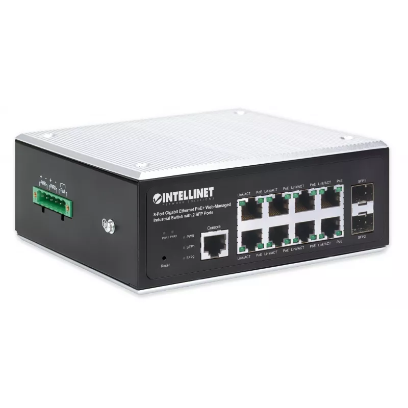 Intellinet 508278 pramoninis 8 prievadų Gigabit PoE+ L2+ komutatorius su valdymu per naršyklę ir 2 SFP prievadais, 30 W vienam prievadui, DIN bėgeliui, metalinis IP30 korpusas, be ventiliatoriaus, nuo -40 iki 85 °C