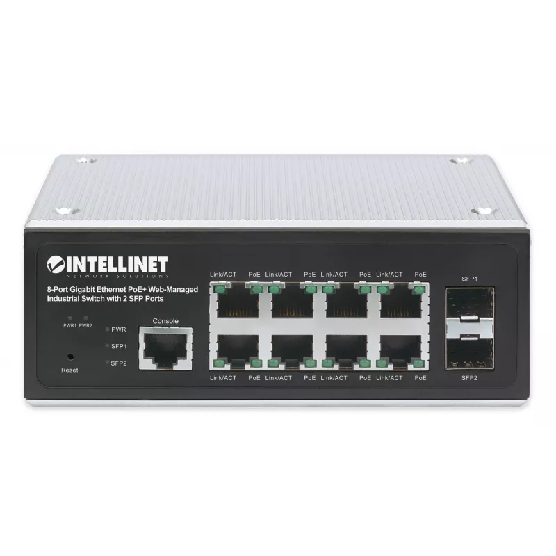 Intellinet 508278 pramoninis 8 prievadų Gigabit PoE+ L2+ komutatorius su valdymu per naršyklę ir 2 SFP prievadais, 30 W vienam prievadui, DIN bėgeliui, metalinis IP30 korpusas, be ventiliatoriaus, nuo -40 iki 85 °C