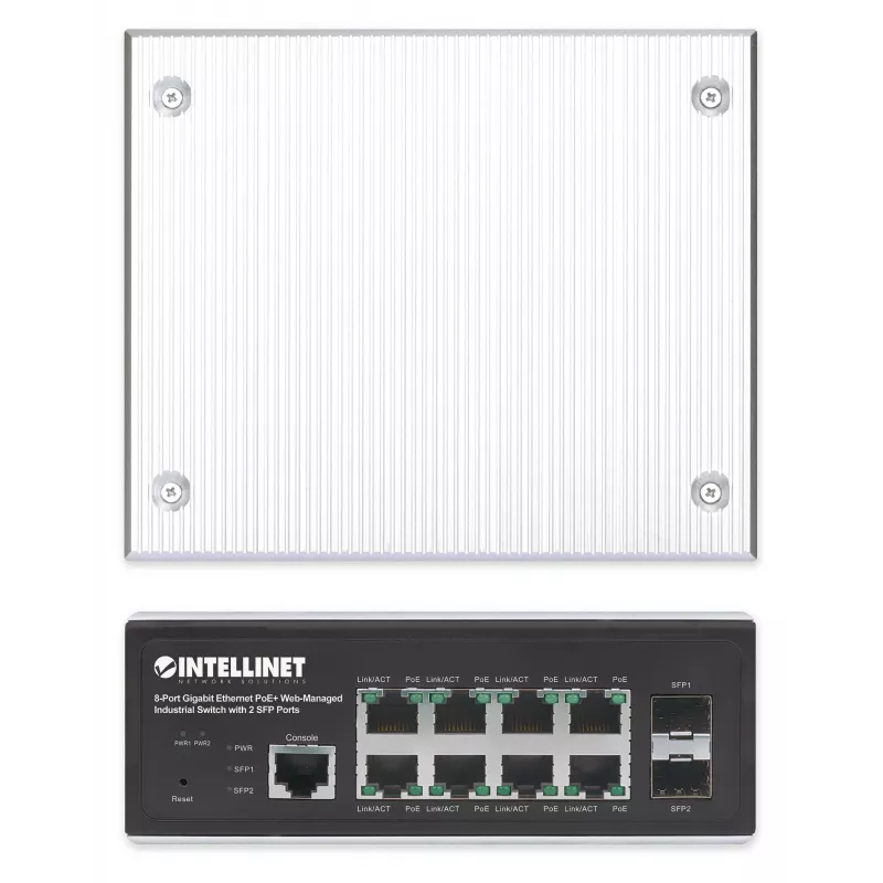 Intellinet 508278 pramoninis 8 prievadų Gigabit PoE+ L2+ komutatorius su valdymu per naršyklę ir 2 SFP prievadais, 30 W vienam prievadui, DIN bėgeliui, metalinis IP30 korpusas, be ventiliatoriaus, nuo -40 iki 85 °C