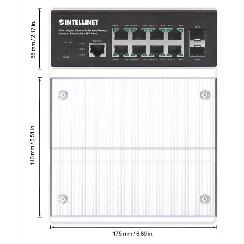 Intellinet 508278 pramoninis 8 prievadų Gigabit PoE+ L2+ komutatorius su valdymu per naršyklę ir 2 SFP prievadais, 30 W vienam prievadui, DIN bėgeliui, metalinis IP30 korpusas, be ventiliatoriaus, nuo -40 iki 85 °C